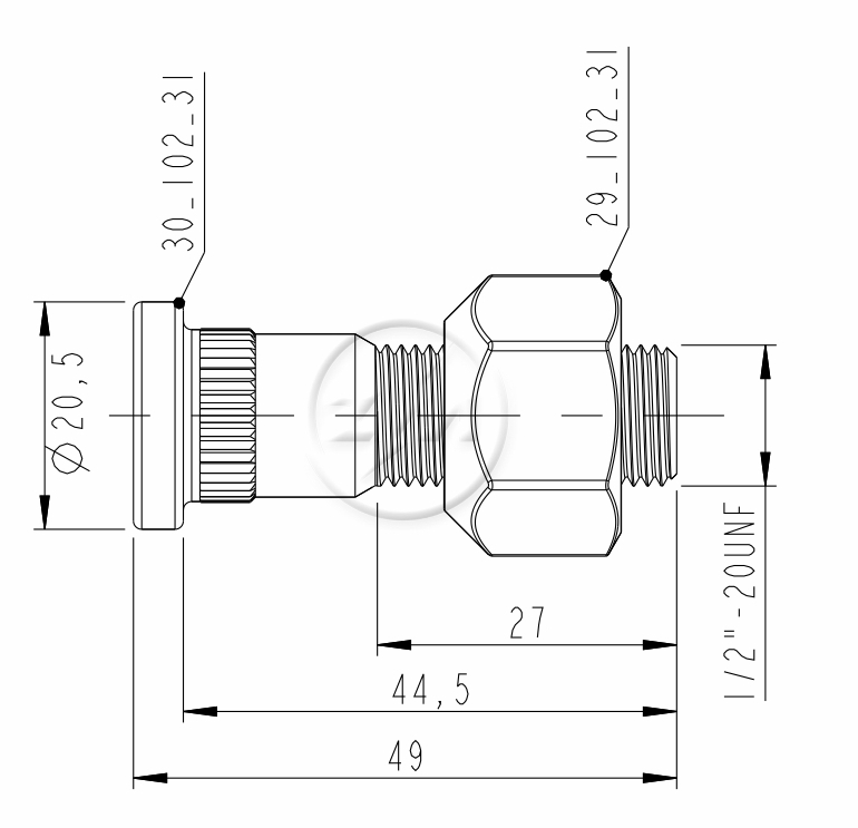 CJ PARAFUSO RODA DIAN VALMET 1/2"-20UNFX44,5/49 CH/SW 7/8" H16 ZINCADO ZM - Imagem 2